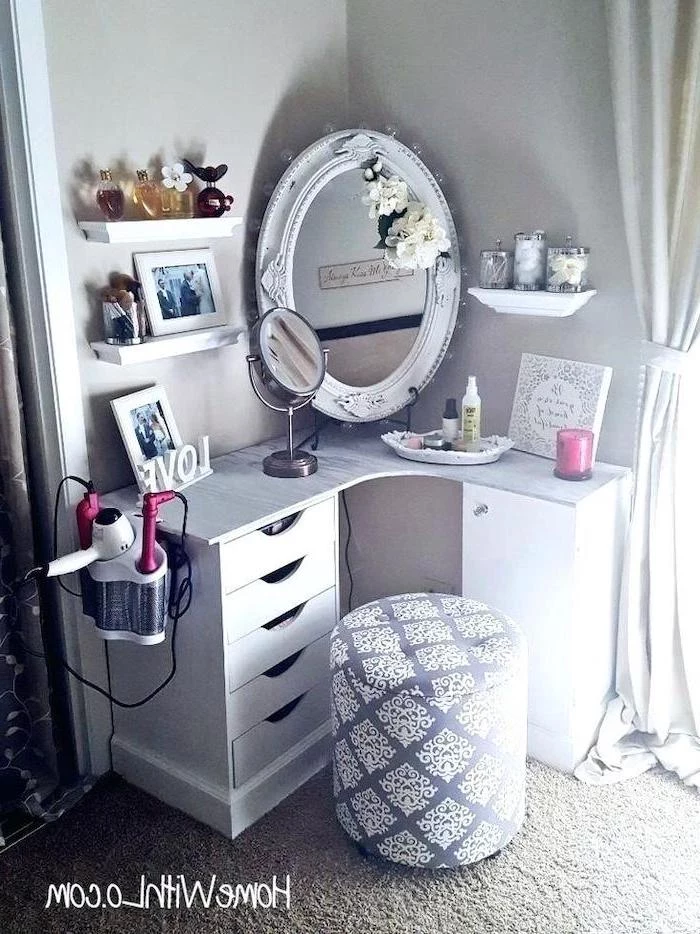 vintage mirror, corner table, with drawers, dressing table with drawers, grey and white ottoman