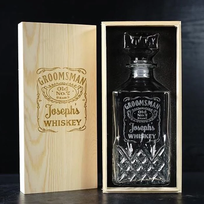 glass whiskey decanter, inside a wooden box, personalised with name, groomsmen gift sets