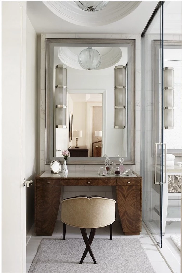 diy makeup vanity, wooden table, beige chair, grey carpet, large mirror