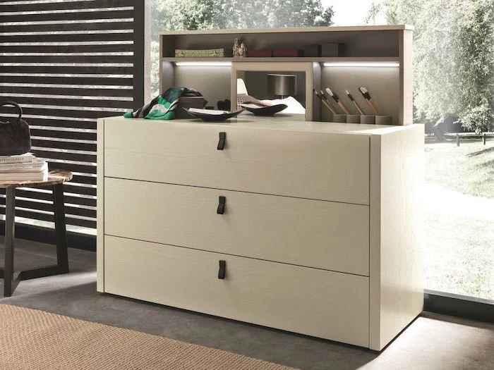 white table with drawers, diy makeup vanity, grey floor, beige carpet, wooden blinds
