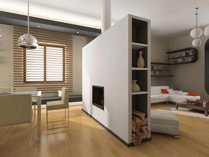 portable room dividers, white chairs, electric fireplace, white corner sofa, wooden blinds