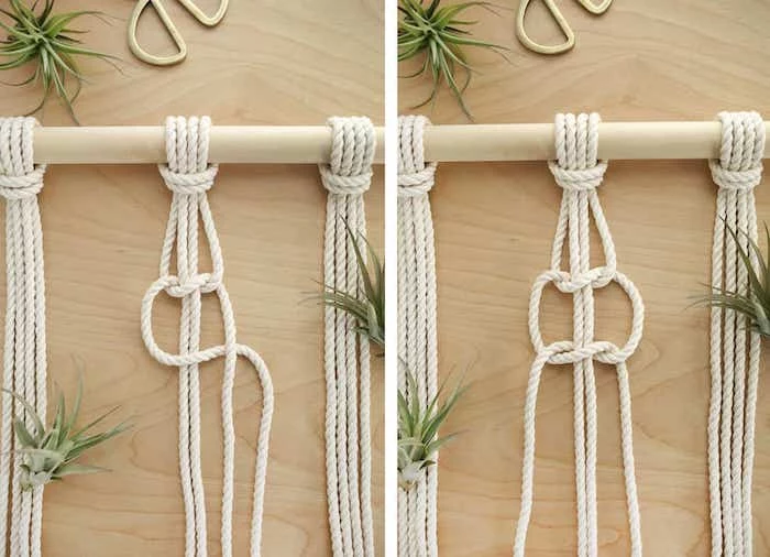 diy tutorial, with macrame, step by step, diy room divider, white rope, wooden pole
