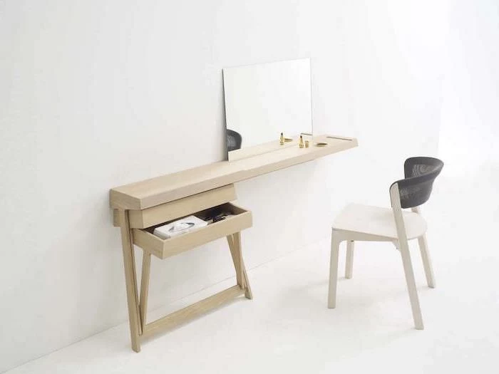 wooden shelf, with a drawer, wooden chair, dressing table with drawers, small mirror, white background