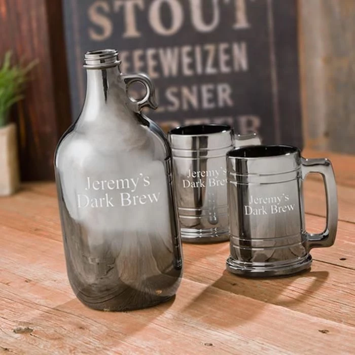metal pitcher, two metal beer mugs, personalised with name, how to ask groomsmen, wooden table