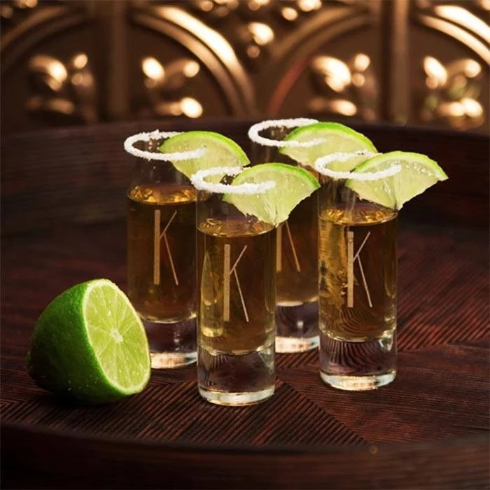 shot glasses, personalised with initial, lime slices and sugar on top, how to ask groomsmen