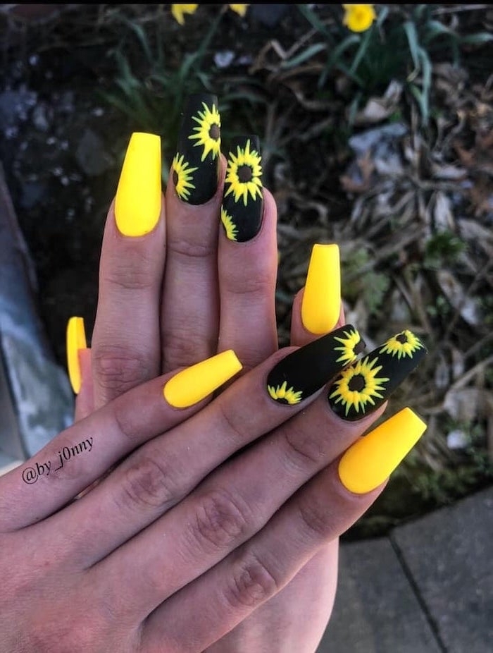 yellow and black, matte nail polish, yellow sunflowers, cute gel nails, long coffin nails