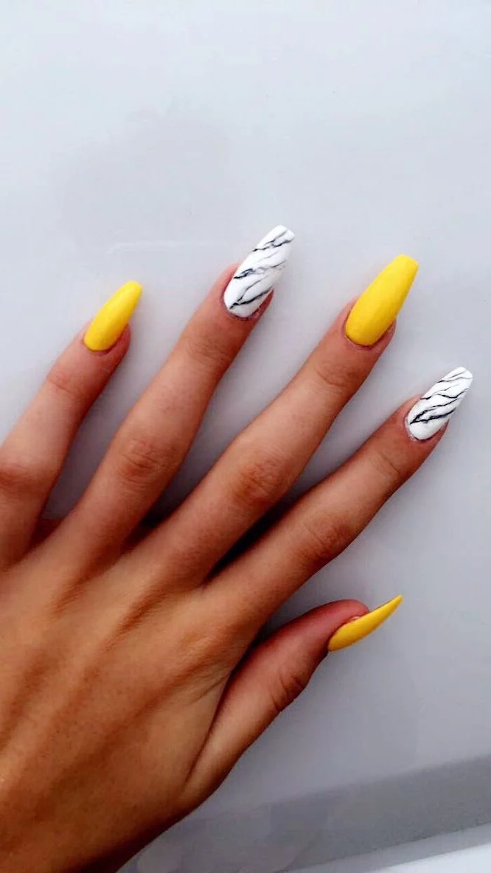 yellow and white, nail polish, cute gel nails, white black and grey marble, white background