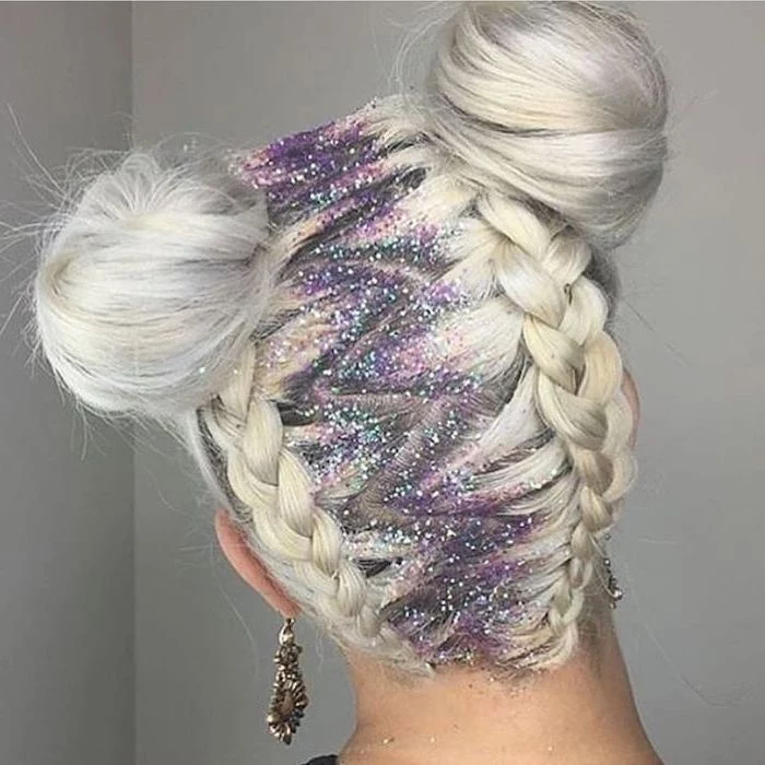 zig zag, two braids, two buns, colourful glitter, how to do braids, blonde hair