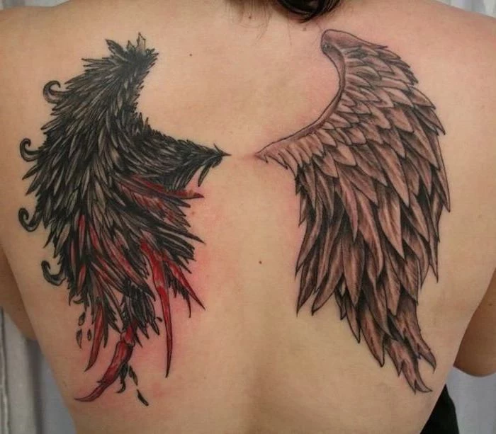 one devil wing, one angel wing, wings chest tattoo, back tattoo, white background