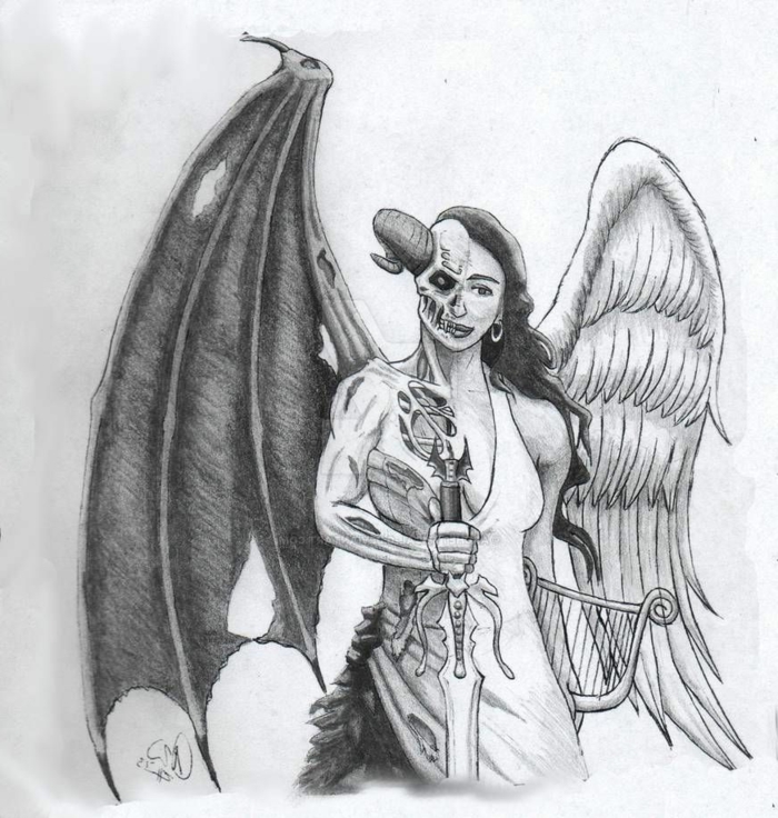 black and white pencil drawing, half devil ahalf angel woman, angel wings tattoo on back