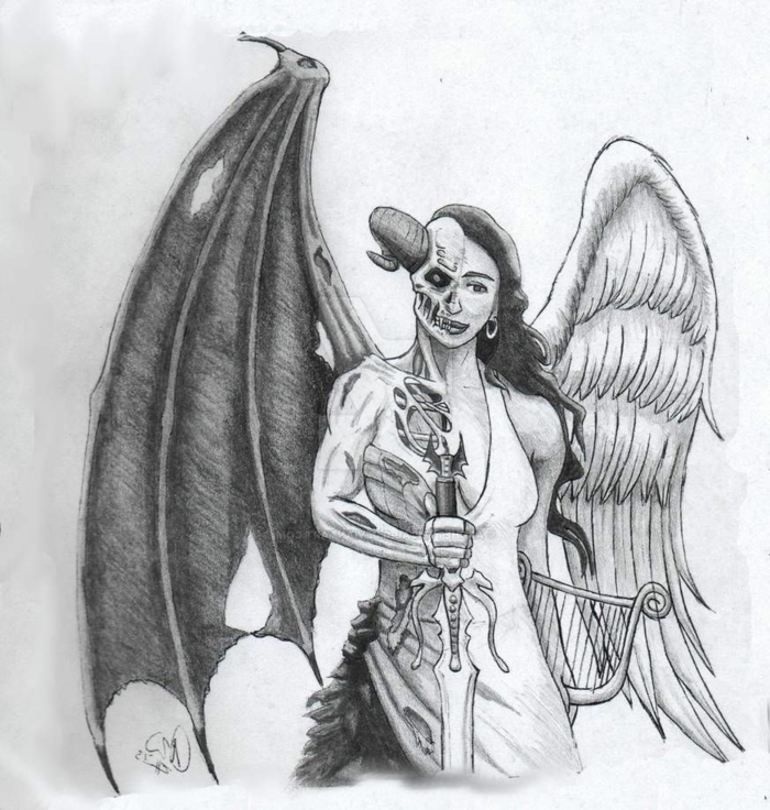 half demon half angel wings tattoo