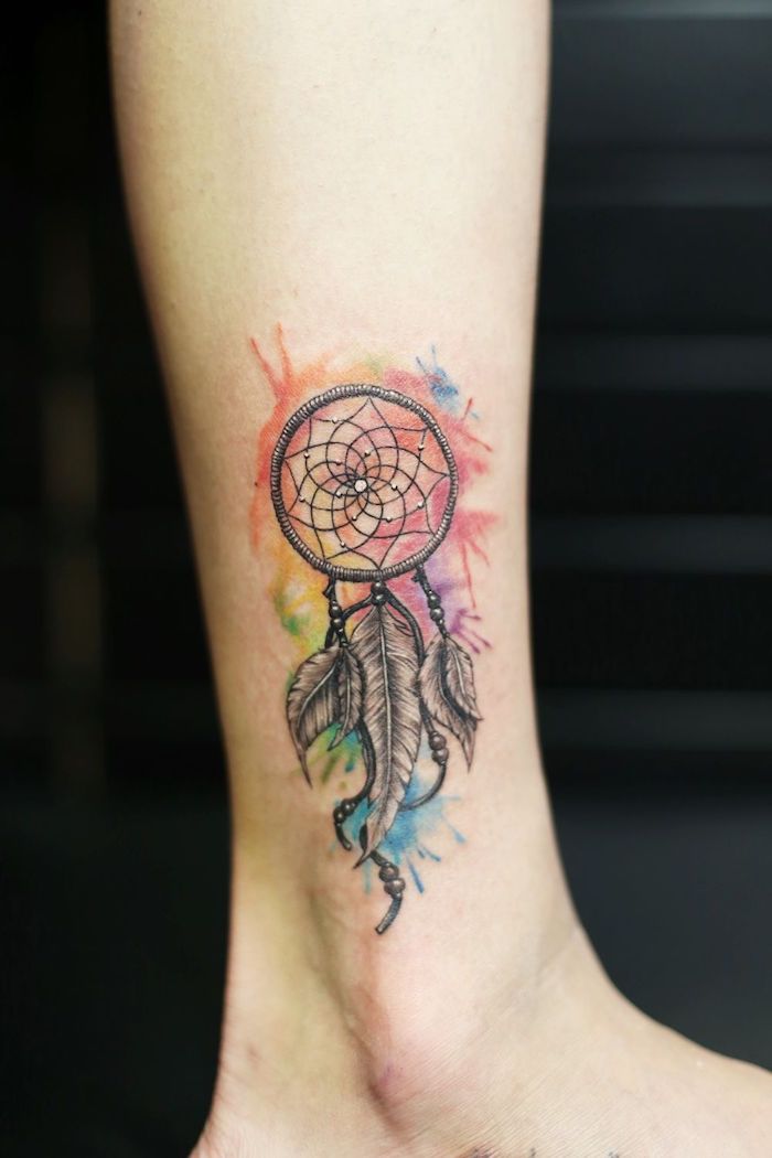 watercolor tattoo, ankle tattoo, dream catcher tattoo, black background