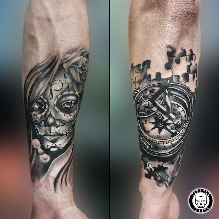 side by side photos, compass tattoo, jigsaw puzzle, female face, arm tattoo