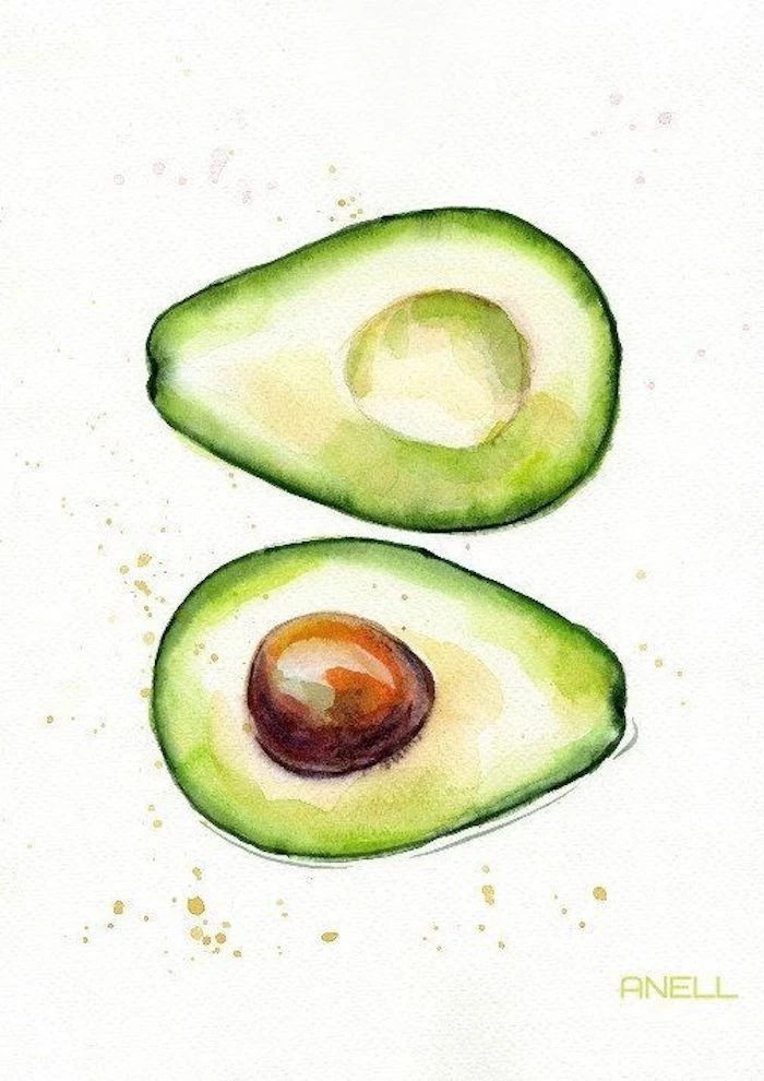 slices of avocado, drawing images, green and yellow paint, white background