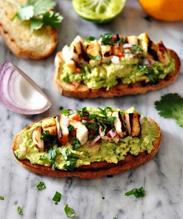 avocado toast, brunch recipes, marble countertop, chopped onion, baked halloumi