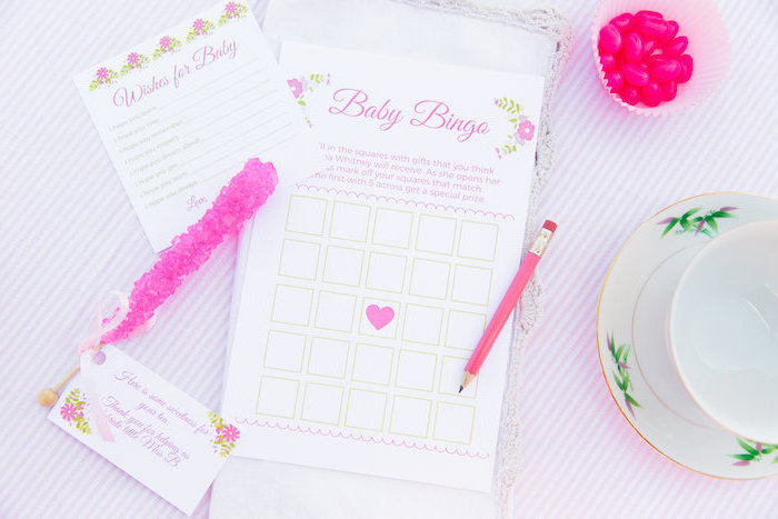 baby shower ideas, baby bingo, fun game, coffee mug, pink jelly beans, pink pencil