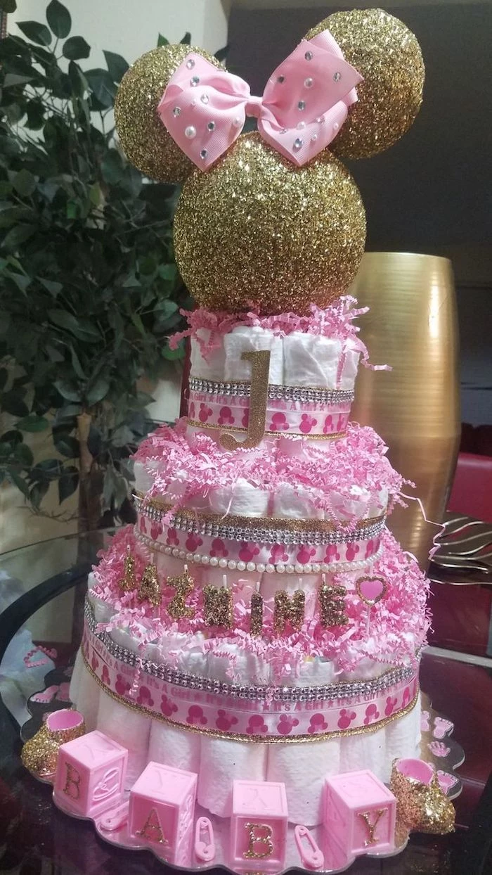 three tier, diaper cake, gold minnie mouse, cake topper, pink baby cubes, baby shower centerpieces