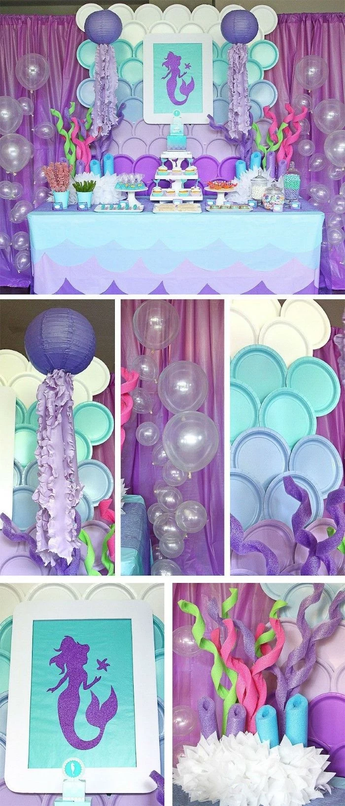 mermaid theme, baby shower centerpieces, purple and turquoise decor, dessert table, transparent balloons