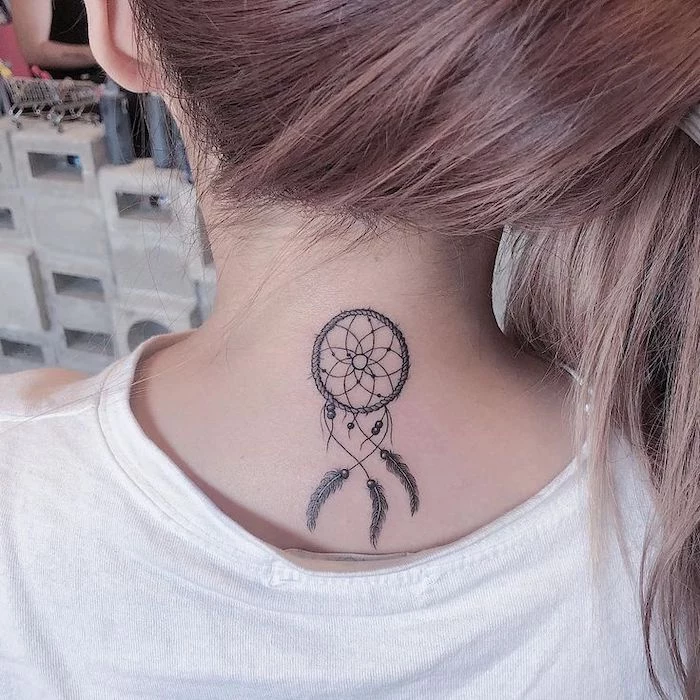 back tattoo, girl with white shirt, rose gold hair, dream catcher tattoo