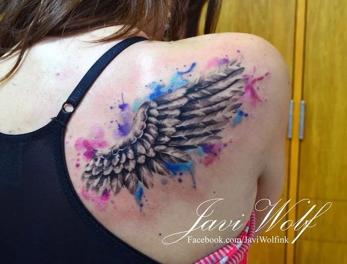 watercolor tattoo, blue pink and purple colors, wings chest tattoo, black top, yellow background