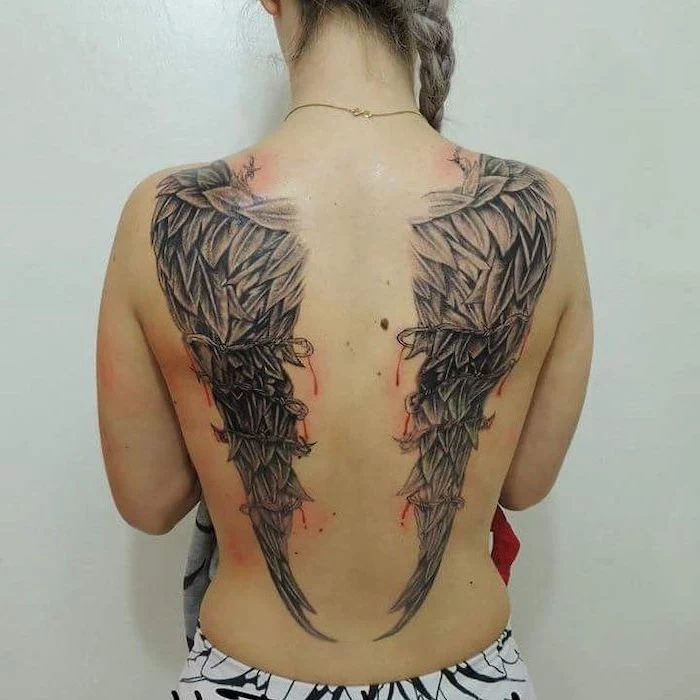 bleeding angel wings, covered in barbed wire, back tattoo, heaven tattoos, white background, angel and devil wings tattoo