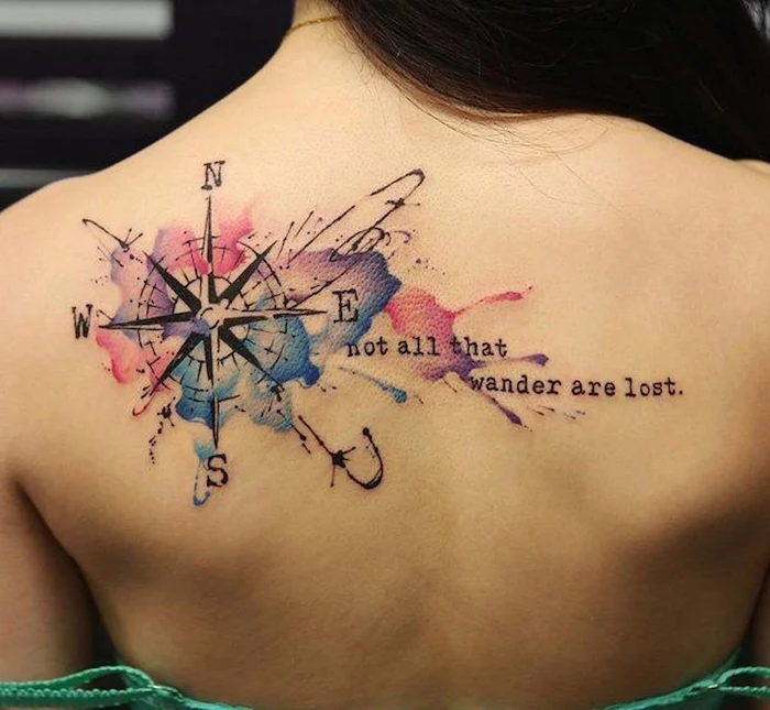 not all that wander are lost, watercolor tattoo, back tattoo, compass tattoo, girl with black hair