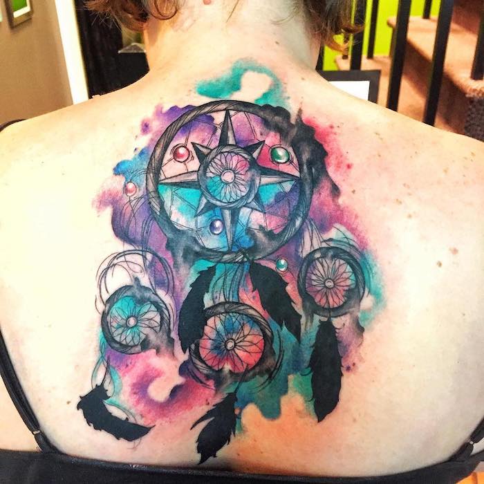large watercolor tattoo, back tattoo, dreamcatcher tattoo meaning, pink purple and blue colors
