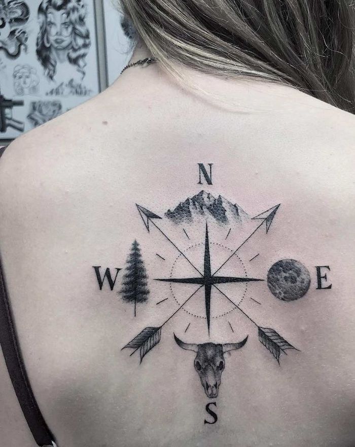 back tattoo, compass tattoo meaning, north and south, east and west, mountain and skull, tree and moon