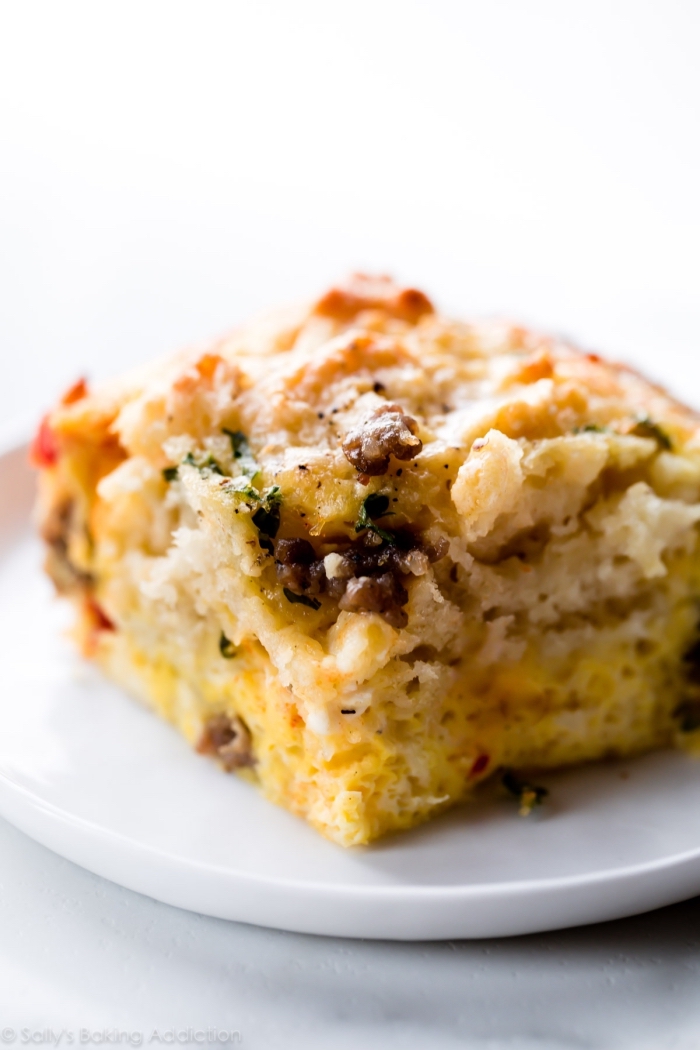 baked casserole, on white plate, brunch menu, white background