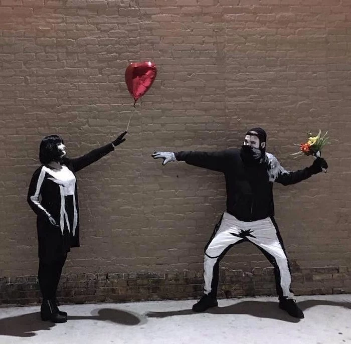 banksy art inspired, last minute halloween costumes, girl with balloon, man with flowers, brick wall