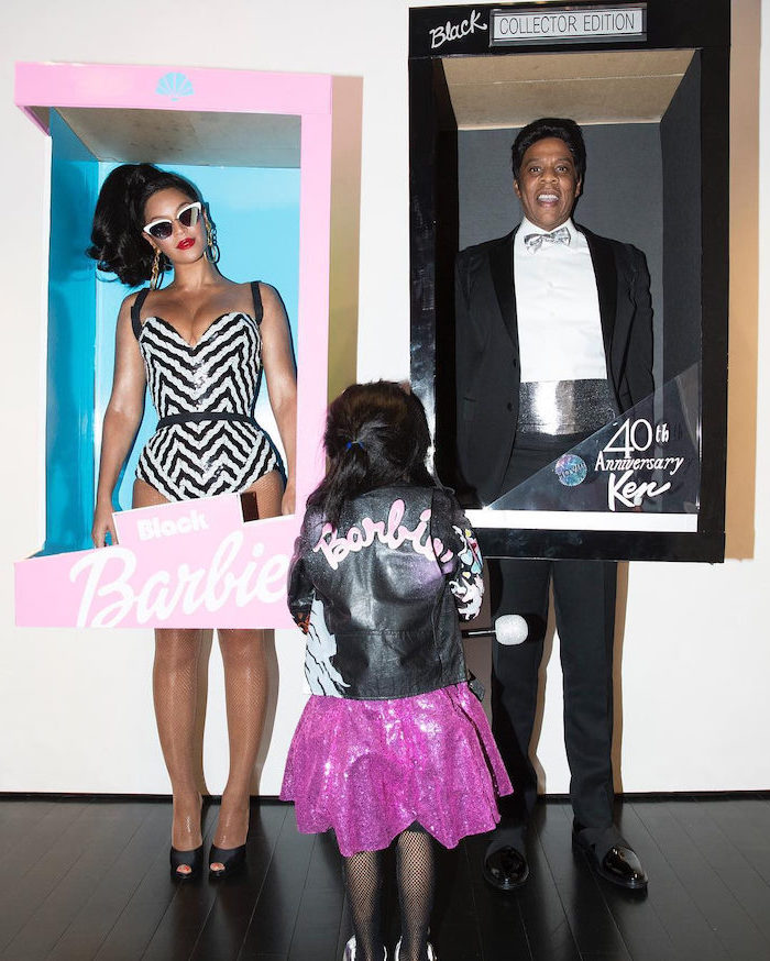 beyonce jay z and blue ivy, cute halloween costumes, dressed as barbie and ken, inside boxes