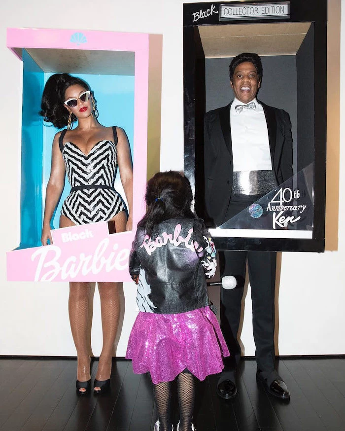 beyonce jay z and blue ivy, cute halloween costumes, dressed as barbie and ken, inside boxes