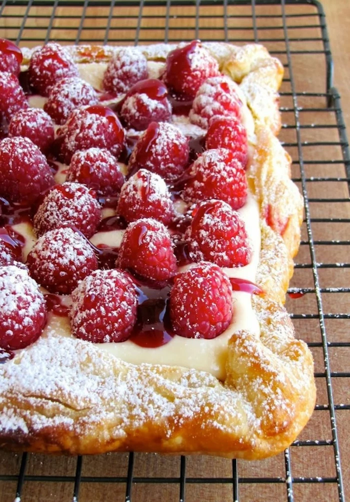 baked pastry, with raspberries, raspberry jam, breakfast potluck ideas, black metal railing
