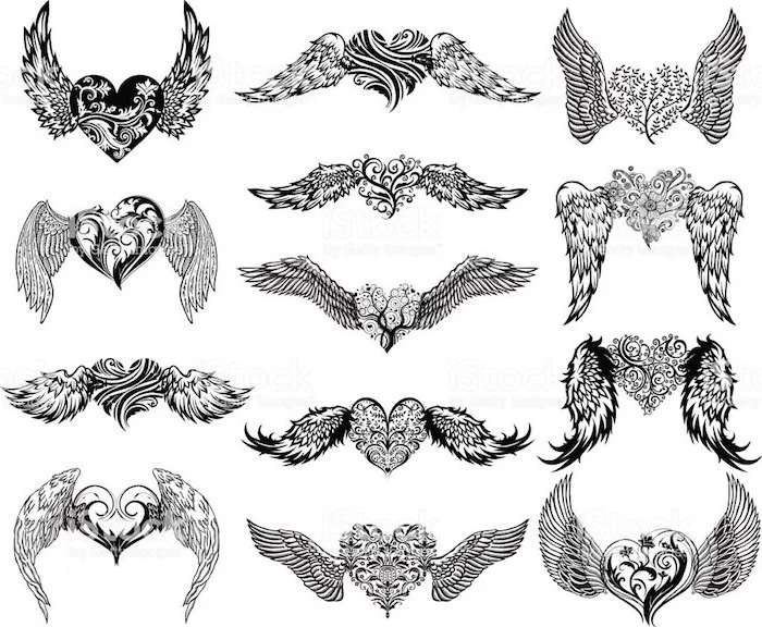 different styles, heart with wings, black and white, sketch drawings, wings tattoo on back
