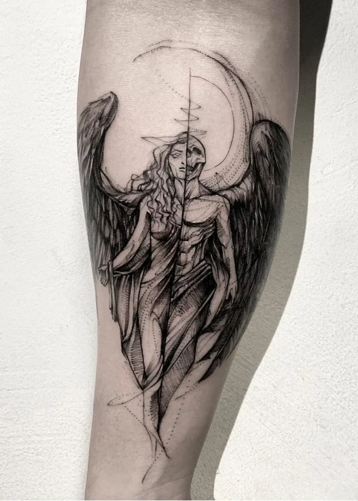 forearm tattoo, black and white photo, half angel half demon woman, half angel half demon tattoo