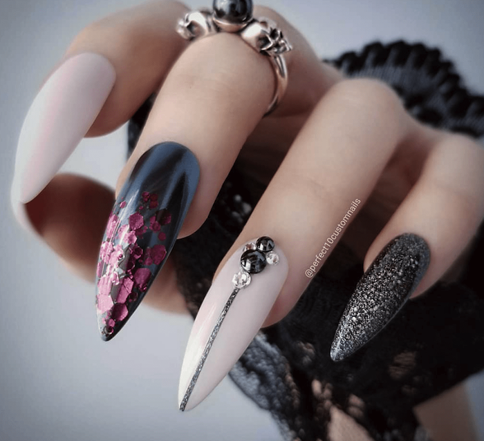 halloween nails, black chrome, white matte, nail polish, black glitter, long stiletto nails, silver ring