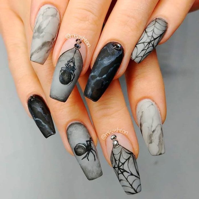 black and grey, marble nails, spider webs, spiders decorations, coffin nails, halloween nails