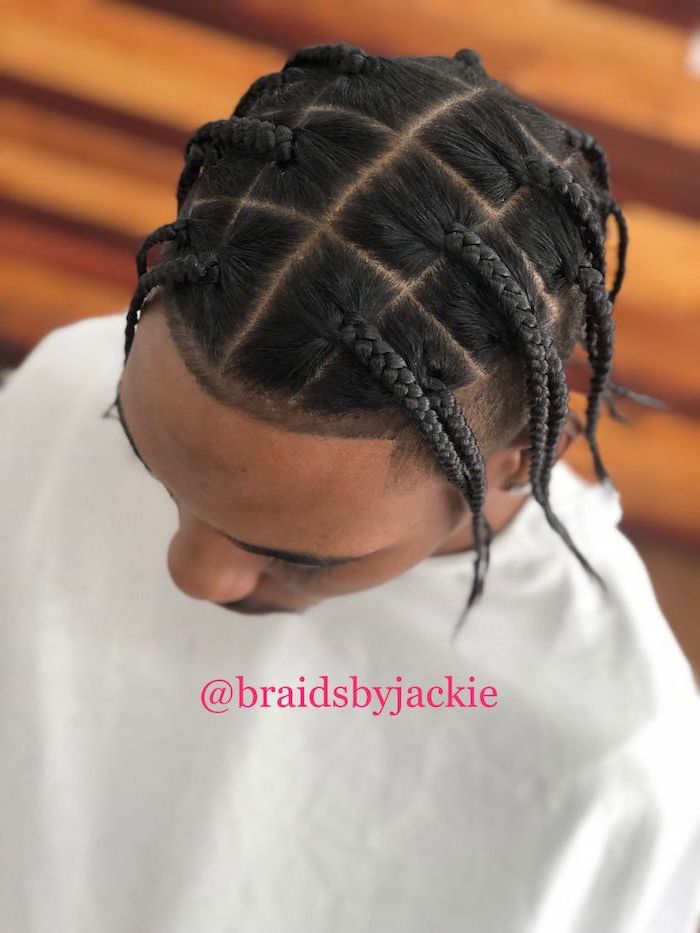 box braids, braided hairstyles for men, man with black hair, white shirt, blurred background