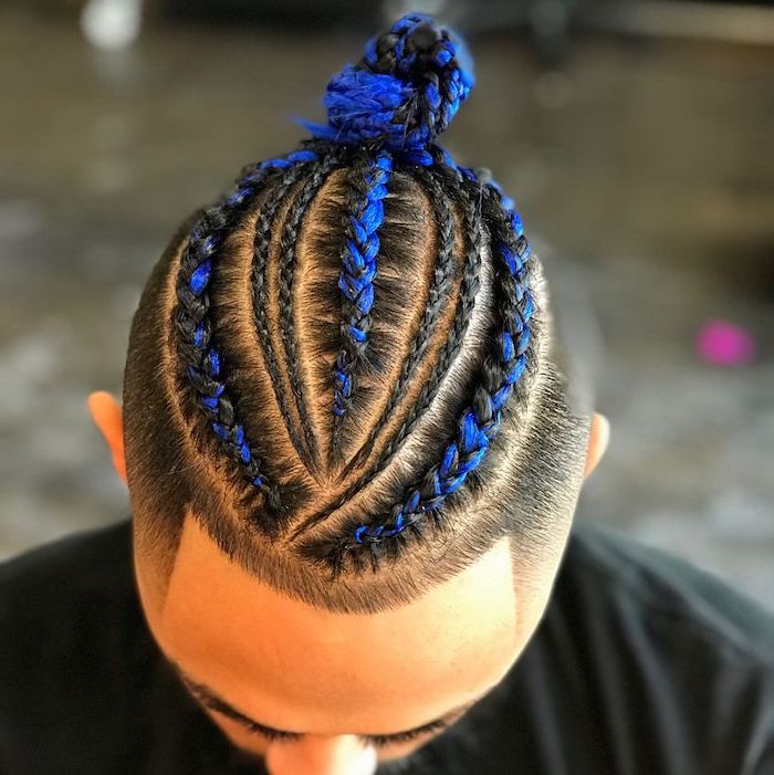 braids for men, man with black hair, blue braids, man bun, black t shirt