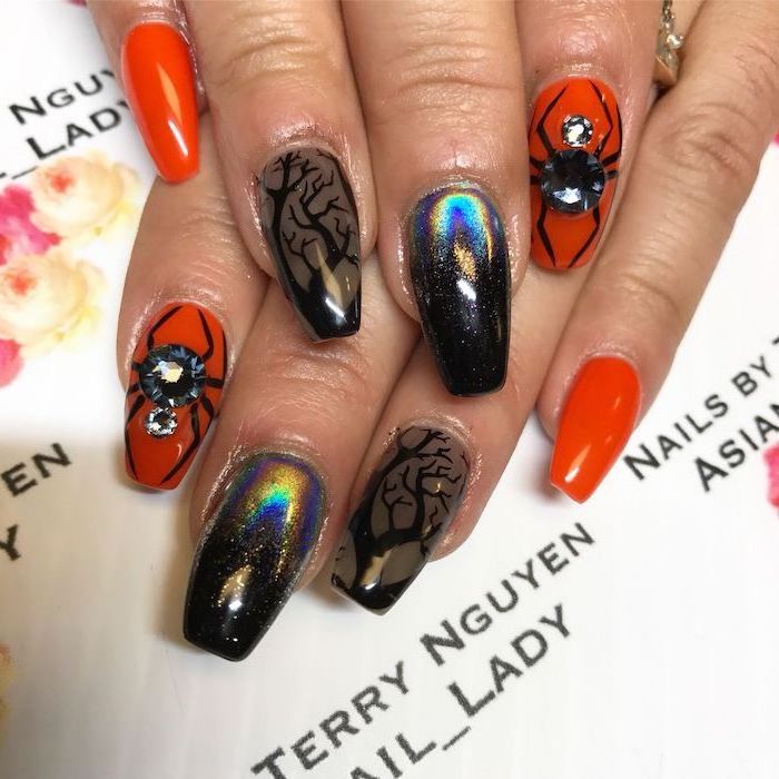 orange nail polish, orange chrome nail polish, halloween acrylic nails, squoval nails, spooky trees, spider decorations