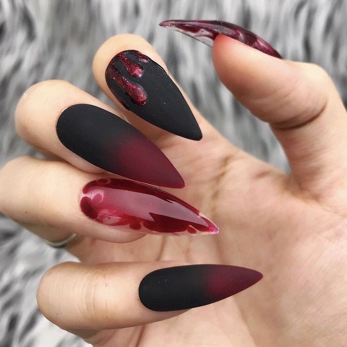 black and red, matte nail polish, halloween nail designs, dripping red nail polish, long stiletto nails