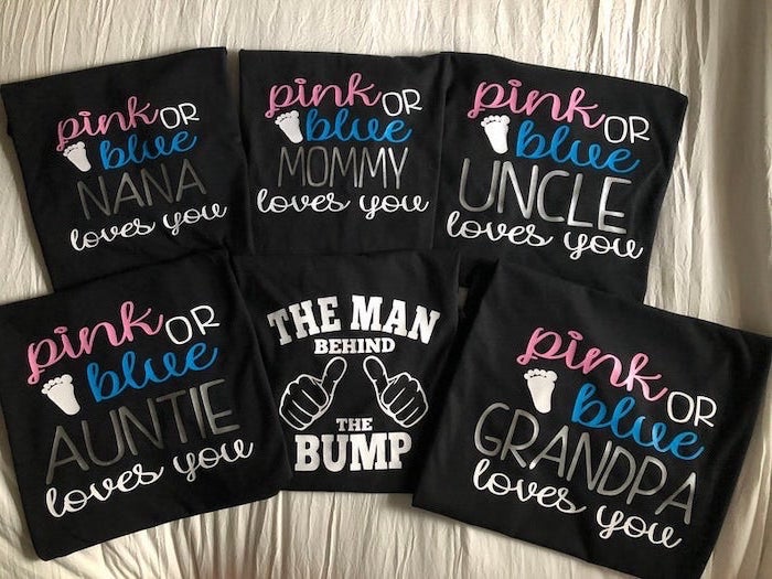 black t shirts, pink or blue, mommy loves you, unique gender reveal ideas, white background