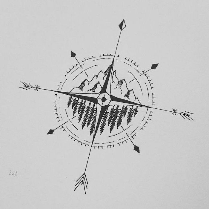 black and white drawing, compass tattoo meaning, mountain landscape, forest landscape, white background
