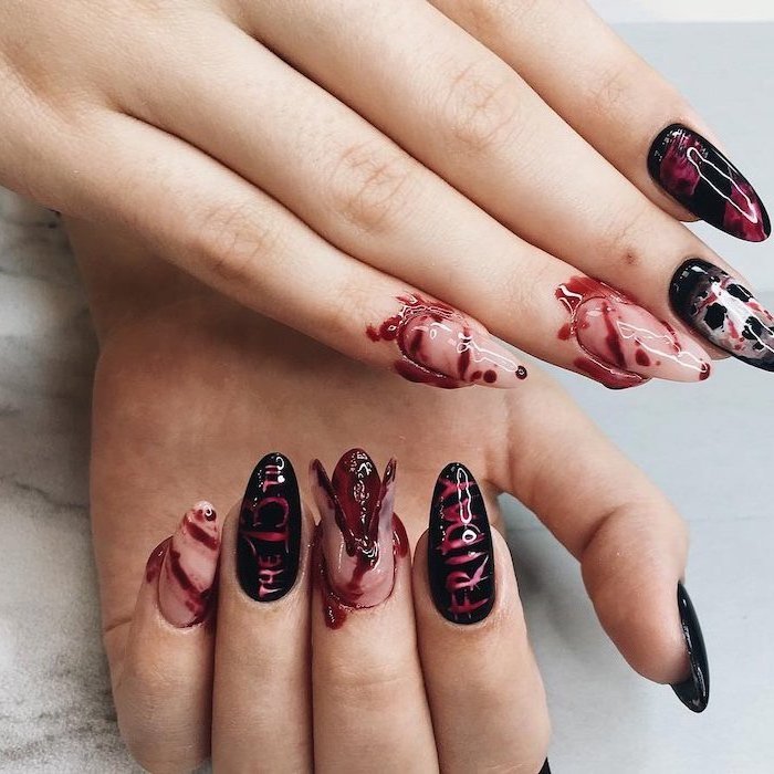 friday the 13th inspired, halloween nail designs, bloody nails, black and red nail polish, almond nails