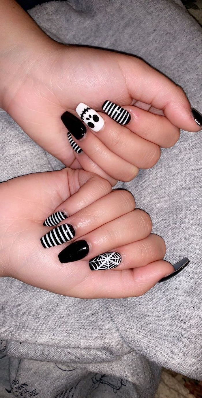 black and white, striped nails, spider webs, skeleton decorations, halloween nail designs, squoval nails