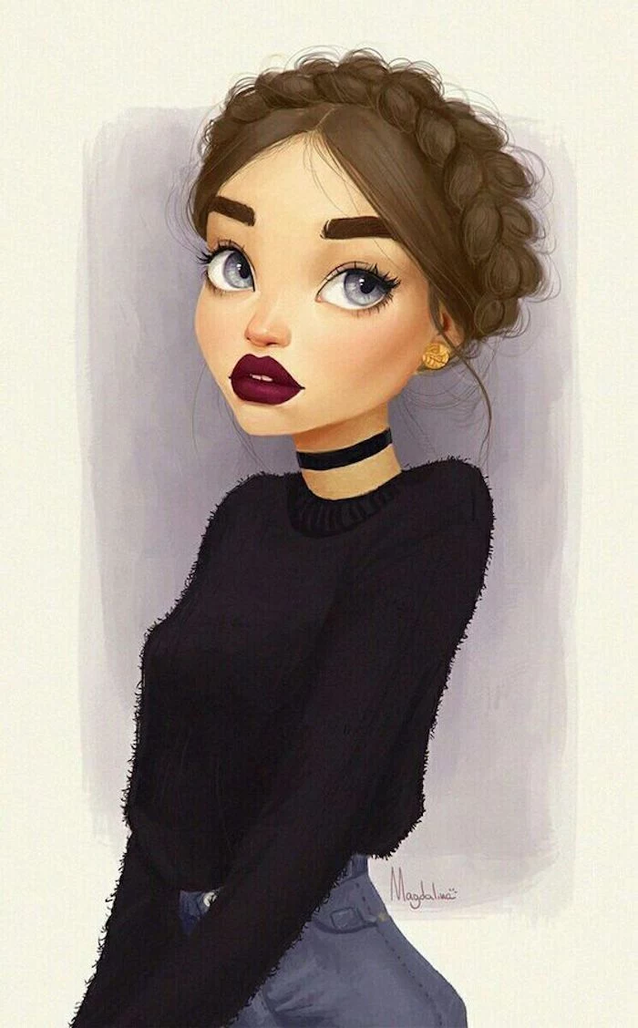 girl with braids, wearing black sweater and jeans, black choker, pictures of drawings, blue eyes, red lips