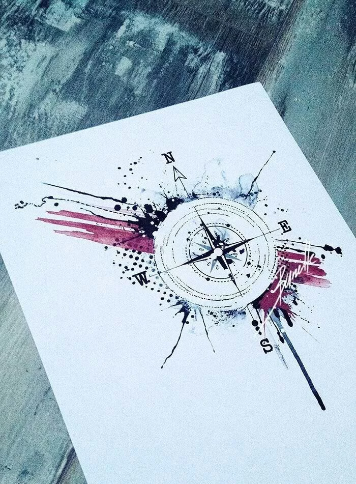 watercolor drawing, red and blue, nautical compass tattoo, north and south, west and east