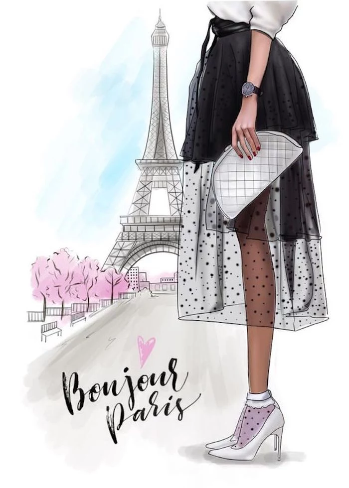 drawing outlines, girl with a black tulle skirt, white heels, bonjour paris, eiffel tower
