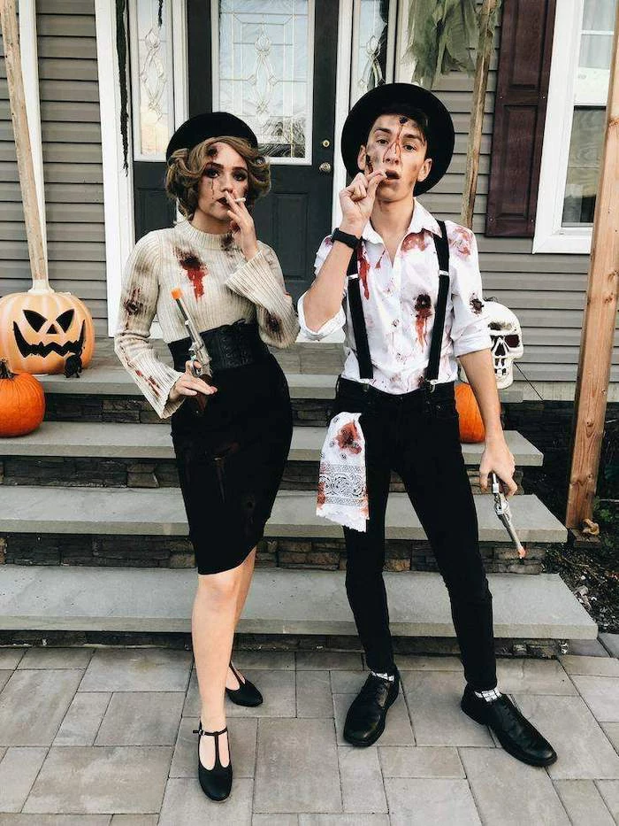 man and woman, dressed as bonnie and clyde, carrying guns, smoking cigarettes, cute halloween costumes