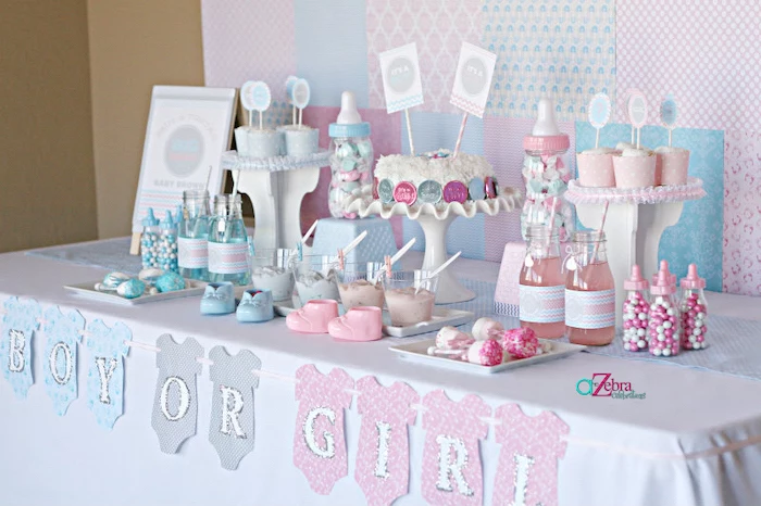 dessert table, gender reveal games, pink and blue cupcakes, sweets and candy, boy or girl